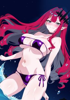 1girl absurdres anger_vein baobhan_sith_(fate) bare_shoulders bikini blush breasts choker cleavage commentary_request fate/grand_order fate_(series) grey_eyes highres large_breasts long_hair looking_at_viewer navel oji_(drawingchinchin) pink_hair pointy_ears purple_bikini sidelocks smile solo swimsuit thighs