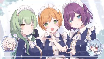 5girls aqua_hair blonde_hair blue_eyes braid chibi closed_mouth commentary crown_braid dorothea_kirkland four-finger_heart_hands green_eyes green_hair harriet_mills heart heart_hands highres kate_fournier long_hair looking_at_viewer loveyuzu lucie_moorcroft maid maid_headdress miriam_hayward multiple_girls muv-luv muv-luv_girls_garden open_mouth orange_hair purple_hair red_eyes short_hair symbol-only_commentary yellow_eyes