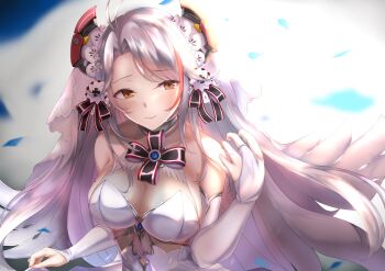 1girl absurdres adapted_costume alternate_costume antenna_hair azur_lane bare_shoulders blue_gemstone blush breasts bridal_gauntlets bridal_veil brown_eyes choker cleavage closed_mouth clothes_lift commentary commentary_request dress dress_lift female_focus floating_hair gem gloves hair_between_eyes half-closed_eyes hand_up headgear highres jewelry large_breasts lifting_own_clothes long_hair looking_at_viewer mole mole_on_breast multicolored_hair no_bra numaguro_(tomokun0808) ornate_ring outdoors prinz_eugen_(azur_lane) prinz_eugen_(symphonic_fate)_(azur_lane) red_hair ribbon ring see-through_clothes silver_hair smile solo strapless strapless_dress streaked_hair tearing_up two_side_up upper_body veil very_long_hair wedding_dress white_dress white_gloves wind wind_lift