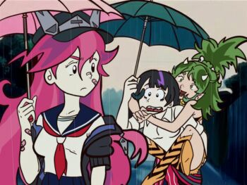 1980s_(style) bandaid bandaid_on_arm bandaid_on_cheek bandaid_on_face bandaid_on_nose black_hair black_hat black_jacket blue_sailor_collar blue_skirt bone_hair_ornament boots breasts carrying clothes_around_waist collared_shirt commentary coqui_saporana cosplay derivative_work english_commentary green_eyes green_hair hair_between_eyes hair_ornament hat highres holding holding_umbrella horns indie_virtual_youtuber jacket jacket_around_waist long_hair lum lum_(cosplay) meat_(vtuber) multicolored_boots multicolored_hair neckerchief off_shoulder oldschool open_mouth outdoors parody piggyback pink_hair pointy_ears purple_hair rain red_neckerchief retro_artstyle rummy rummy_&amp;_coqui sailor_collar school_uniform screenshot_background screenshot_redraw serafuku sharp_teeth shirt short_sleeves skirt smile streaked_hair striped_clothes striped_footwear style_parody teeth tubularparu two-tone_boots two-tone_hair umbrella upper_teeth_only urusei_yatsura virtual_youtuber white_shirt