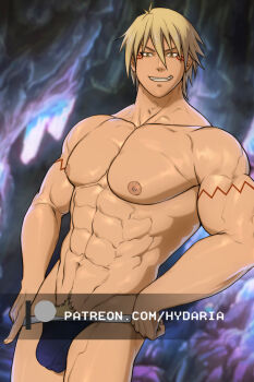 1boy abs alternate_muscle_size bara black_male_underwear blonde_hair bulge covered_penis cowboy_shot dark-skinned_male dark_skin facial_mark flexing_pectorals grin hydaria large_pectorals looking_at_viewer male_focus male_pubic_hair male_underwear male_underwear_pull muscular muscular_male navel nipples paid_reward_available pectorals pubic_hair pubic_hair_peek short_hair smile solo stomach tensei_shitara_slime_datta_ken topless_male underwear veldora_(tensura) watermark yellow_eyes