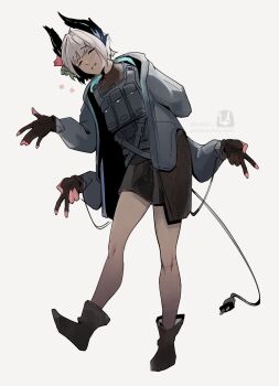 1girl absurdres arknights bird_girl black_gloves black_shoes black_skirt closed_eyes commentary dark-skinned_female dark_skin electric_plug electric_plug_tail extra_arms gloves grey_background grey_hair grey_jacket hair_ornament head_wings highres jacket raidian_(arknights) rhodes_island_uniform seykoya shoes short_hair simple_background skirt smile solo tail wings