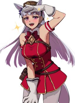 1girl :d animal_ears armband bare_shoulders blunt_bangs breasts brown_hat commentary_request cowboy_shot dress empty_(neyo) gloves gold_ship_(red_strife)_(umamusume) gold_ship_(umamusume) grey_hair hand_on_own_leg hand_up hat horse_ears horse_girl horse_tail large_breasts long_hair looking_at_viewer open_mouth pantyhose pillbox_hat pouch purple_eyes red_dress simple_background sleeveless sleeveless_dress smile solo standing striped_armband striped_clothes tail umamusume white_background white_gloves white_pantyhose