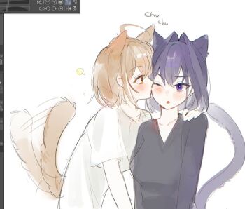 2girls animal_ears art_program_in_frame black_shirt blush brown_eyes brown_hair cat_ears cat_girl cat_tail dog_ears dog_girl dog_tail emimhok hair_intakes hand_on_another's_shoulder hololive kemonomimi_mode multiple_girls nanashi_mumei one_eye_closed open_mouth ouro_kronii purple_eyes purple_hair shirt simple_background tail tail_wagging virtual_youtuber white_background white_shirt yuri