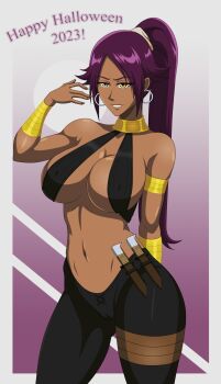 1girl 2023 absurdres armlet assassin_(fate/zero) assassin_(fate/zero)_(cosplay) bleach bracelet breasts cameltoe cleavage cosplay costume dark-skinned_female dark_skin earrings english_text fate/grand_order fate_(series) female_assassin_(fate/zero) female_assassin_(fate/zero)_(cosplay) female_focus halloween halloween_costume happy_halloween highres holding holding_mask hoop_earrings jewelry knife large_breasts long_hair mask navel parted_lips ponytail purple_hair reilchi sheath sheathed shihouin_yoruichi smile solo standing stomach thick_thighs thighs variant_set yellow_eyes