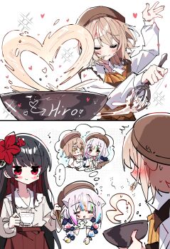 Rule 34 | 3girls, = =, absurdres, animal ears, black hair, bowl, braid, brown hair, brown hat, cat ears, cat girl, closed eyes, colored inner hair, commentary request, flower, glint, hair flower, hair ornament, hasumi leia, hat, heart, highres, jogasaki noah, kemonomimi mode, long hair, mahou shoujo no majo saiban, multicolored hair, multiple girls, nikaido hiro, open mouth, red flower, red hair, red skirt, shirt, short hair, skirt, star-shaped pupils, star (symbol), symbol-shaped pupils, twin braids, whisk, white shirt, zhanzhangzlw