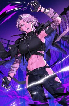 1girl abs arm_tattoo black_gloves black_shirt breasts ear_piercing gloves grin highres jacket large_breasts muscular muscular_female navel open_clothes open_jacket path_to_nowhere piercing radiostarkiller shirt short_hair smile solo tattoo white_hair zoya_(path_to_nowhere)