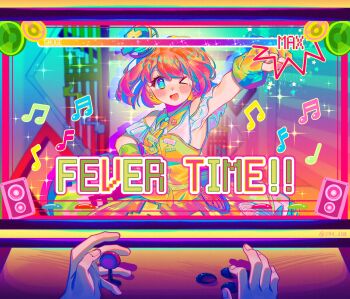 &gt;_o 1girl 1other ;d arcade_cabinet arcade_stick arm_up blue_eyes breasts clenched_hand clothing_cutout colorful commentary_request controller dress earrings eighth_note english_text fingerless_gloves floating_hair game_controller gloves highres jewelry joystick kamen_rider kamen_rider_ex-aid_(series) max_(2n4_6h8) mole mole_under_eye musical_note musical_note_earrings musical_note_ornament necktie one_eye_closed open_mouth pink_hair pink_nails playing_games poppi_pipopapo pov short_hair shoulder_cutout small_breasts smile solo_focus sparkle square_pupils tokusatsu yellow_dress yellow_gloves yellow_necktie