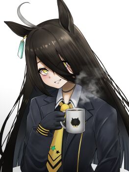 1girl absurdres ahoge animal_ears black_choker black_coat black_gloves black_hair black_shirt blunt_ends choker coat collared_shirt contrast_collar cup gloves grey_hair hair_between_eyes hand_up highres holding holding_cup horse_ears horse_girl long_hair long_hair_between_eyes long_sleeves looking_at_viewer manhattan_cafe_(creeping_shadow)_(umamusume) manhattan_cafe_(umamusume) mug multicolored_hair necktie open_clothes open_coat parted_lips shioz shirt simple_background smile solo steam steaming_cup umamusume very_long_hair white_background yellow_eyes yellow_necktie