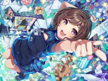 1girl :d animate_(company) arm_up black_boots blush boots brown_hair commentary_request denim denim_shorts from_above gakuen_idolmaster highres id_card idolmaster juo_kunio looking_at_viewer motsu_(kirabeatkila) neo_asari open_mouth paper pointing pointing_up purple_eyes short_hair shorts silhouette smile solo