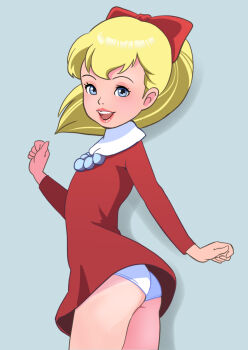 1girl ass blonde_hair blue_eyes blush bow chargeman_ken! dress flat_chest from_behind hair_bow high_ponytail highres izumi_caron jewelry loli long_hair long_sleeves looking_at_viewer looking_back necklace oira_wa_arumajiro open_mouth panties pearl_necklace ponytail red_bow red_dress smile standing teeth underwear white_panties