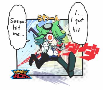 1girl animated animated_gif artist_collaboration bouncing_breasts breasts chibi eyepatch flower-shaped_pupils gashi-gashi green_hair hair_over_one_eye large_breasts maxiburger otonashi_kiruko over_shoulder pantyhose police police_uniform policewoman running shinmai_fukei_kiruko-san short_hair skirt solo symbol-shaped_pupils tears translated weapon weapon_over_shoulder