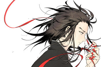 1boy absurdres black_hair dororo_(tezuka) hair_ribbon hand_up highres male_focus profile red_ribbon ribbon simple_background siralkali solo tahoumaru white_background