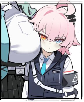1girl 2girls absurdres ahoge armband black_armband black_gloves black_skirt blue_archive blue_eyes blush breast_press breasts closed_mouth collared_shirt commentary gloves hair_between_eyes hand_on_another&#039;s_head heterochromia highres hoshino_(blue_archive) hoshino_(first_year)_(blue_archive) huge_breasts looking_at_viewer multiple_girls necktie nogong orange_eyes pink_hair plaid_clothes plaid_skirt shirt simple_background skirt solo_focus upper_body vest white_background white_shirt yume_(blue_archive)