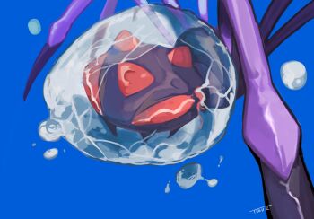 alternate_color araquanid arthropod_limbs blue_background bubble bug colored_skin fangs gen_7_pokemon highres looking_to_the_side nintendo no_humans no_pupils pokemon pokemon_(creature) purple_skin red_eyes shiny_pokemon solo tyaui_(xjju4435) water