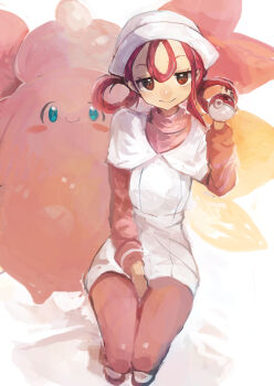1girl absurdres between_legs blue_eyes blush_stickers clefable closed_mouth commentary_request dress gen_1_pokemon hair_between_eyes hair_rings hand_between_legs hat highres holding holding_poke_ball joy_(pokemon) kaamin_(mariarose753) long_sleeves looking_at_viewer mega_clefable mega_pokemon nintendo poke_ball pokemon pokemon_(creature) pokemon_legends:_z-a red_eyes red_hair simple_background white_hat