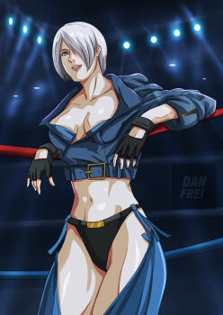 1girl angel_(kof) blue_eyes danfrei danfreiartworks female_focus gloves jacket jewelry leather pale_skin panties ring short_hair stage standing the_king_of_fighters thick_thighs thighs underwear white_hair