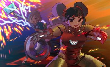 2girls :3 akino_matsuki armor avengers:_endgame avengers_(series) black_hair captain_america fighting_stance hair_ornament hair_scrunchie hammer highres holding holding_hammer holding_shield holding_sword holding_weapon iron_man japanese_clothes kimono legs_apart lightning long_hair marvel marvel multiple_girls power_armor purple_kimono ryusei_hashida sandals scrunchie seki_oriko shield socks sword twintails waka_okami_wa_shougakusei! weapon white_legwear