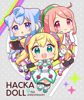 1boy 2girls :d anniversary bare_shoulders black_sleeves black_socks black_thighhighs blonde_hair blue_eyes blue_hair blush boots breasts chibi chibi_only cleavage closed_mouth commentary_request copyright_name detached_sleeves dot_nose double-parted_bangs dress elbow_gloves fujisawa_kamiya full_body garter_straps gloves green_eyes grey_background hacka_doll hacka_doll_1 hacka_doll_2 hacka_doll_3 handheld_game_console highres holding holding_handheld_game_console knee_boots long_hair long_sleeves looking_at_viewer multicolored_boots multiple_girls nintendo_switch open_mouth pink_boots pink_eyes pink_hair sidelocks sleeveless sleeveless_dress smile socks sparkle_background thigh_boots thighhighs trap twintails two-tone_boots white_boots white_dress white_gloves