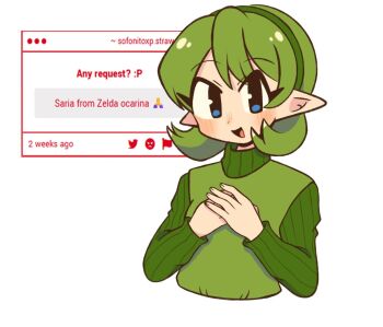 1girl blue_eyes blush commentary english_commentary english_text green_hair green_hairband green_sweater hairband highres long_sleeves nintendo open_mouth pointy_ears ribbed_sweater saria_(zelda) short_hair simple_background smile sofo_soup solo strawpage sweater the_legend_of_zelda the_legend_of_zelda:_ocarina_of_time upper_body white_background