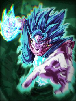 1boy aura blue_eyes blue_hair blue_pants blue_shirt blurry blurry_foreground clenched_hand closed_mouth commentary_request dougi dragon_ball dragon_ball_super earrings gloves green_background highres jewelry male_focus medium_hair orange_shirt pants potara_earrings shirt smirk solo spiked_hair vegetto white_gloves yuuaroart