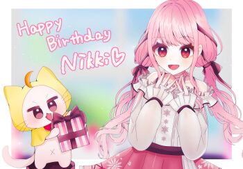 Rule 34 | 1210 neno, 1girl, absurdres, ahoge, animal, arm cutout, bare shoulders, belt, black belt, black bow, black ribbon, blue sky, blurry, blurry background, border, bow, bow choker, bowtie, brown eyes, buttons, cat, center frills, character name, choker, cloak, clothed animal, clothing cutout, commentary request, cowboy shot, day, dot nose, ear covers, english text, eyelashes, frilled shirt, frilled skirt, frilled sleeves, frills, garden, gift, giving, hair bow, hair ribbon, happy, happy birthday, highres, holding, holding gift, hood, hood up, hooded cloak, infinity nikki, layered skirt, light blush, light particles, long hair, long sidelocks, long sleeves, looking at animal, low twintails, miniskirt, momo (nikki), navel, nikki (nikki), nikki (series), off-shoulder shirt, off shoulder, on stool, open mouth, outdoors, outside border, perfect start (infinity nikki), pink bow, pink bowtie, pink choker, pink hair, pink skirt, pleated skirt, print skirt, puffy long sleeves, puffy sleeves, red bow, red bowtie, ribbon, see-through clothes, see-through sleeves, shirt, sidelocks, single stripe, skirt, sky, sleeves past wrists, smile, snowflake print, snowflakes, standing, star (symbol), star print, striped bow, striped bowtie, striped choker, striped clothes, traditional bowtie, tress ribbon, twintails, very long hair, wavy hair, white border, white cat, white shirt, white skirt, yellow cloak