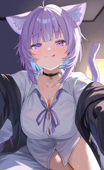 1girl :q absurdres ahoge animal_collar animal_ear_fluff animal_ears bed_sheet black_collar black_jacket blue_hair blunt_bangs boyfriend's_shirt breasts button_gap cat_ears cat_girl cat_tail cleavage collar collared_shirt colored_inner_hair commentary_request diagonal_bangs dress_shirt highres hololive indoors jacket looking_at_viewer multicolored_hair neck_ribbon nekomata_okayu nekomata_okayu_(oversized_shirt) no_pants official_alternate_costume official_alternate_hairstyle open_clothes open_jacket outstretched_arms purple_eyes purple_hair purple_ribbon reaching reaching_towards_viewer ribbon shirt short_hair solo tail tillots tongue tongue_out virtual_youtuber white_shirt