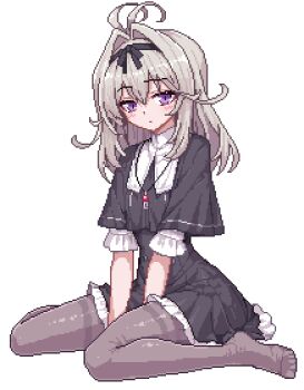 1girl ahoge antenna_hair black_dress black_ribbon blush closed_mouth collar collarbone dress full_body grey_hair hair_ribbon hairband highres jewelry looking_at_viewer medium_hair meitantei_precure! moria_luluka necklace no_shoes pantyhose pixel_art pixelated precure purple_eyes ribbon shimamuraa11451 sitting skirt solo solo_focus white_collar