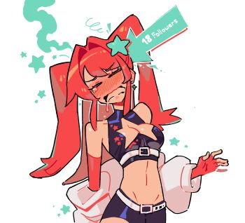 1girl absurdres arrow_(symbol) belt black_shorts blush breasts cleavage cleavage_cutout closed_eyes clothing_cutout commentary crop_top cross cross_earrings drooling earrings english_commentary fingerless_gloves gloves hair_intakes hair_ornament highres hip_bones jacket jewelry kaatokun lyra_(kaatokun) medium_breasts midriff off_shoulder original red_gloves red_hair short_shorts shorts sidelocks sleeveless sleeveless_turtleneck solo star_(symbol) star_hair_ornament tears turtleneck two_side_up upper_body white_belt white_jacket