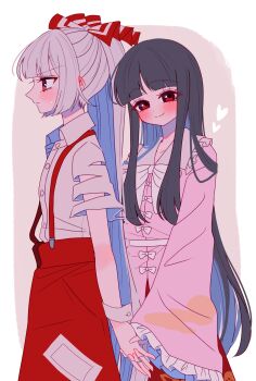 2girls absurdres black_hair blush border bow bowtie closed_mouth collared_shirt commentary_request frilled_shirt_collar frilled_sleeves frills fujiwara_no_mokou grey_hair heart highres holding_hands houraisan_kaguya interlocked_fingers long_hair long_sleeves looking_at_viewer multiple_girls pink_background pink_shirt ponytail red_eyes red_skirt shirt short_sleeves simple_background skirt smile suspender_skirt suspenders sweatdrop tamiko_(tamik0224) torn_clothes torn_sleeves touhou white_border white_bow white_bowtie white_shirt yuri