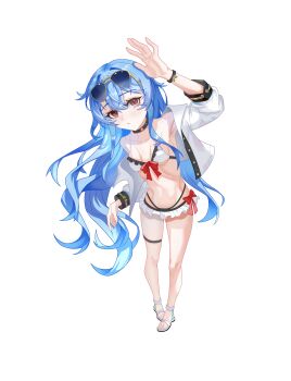 1girl absurdres bikini black_bikini black_choker blue_hair bow bow_bikini breasts chinese_commentary choker closed_mouth commentary_request eyewear_on_head fruit_choker full_body hand_up highres hinanawi_tenshi long_hair looking_at_viewer multicolored_bikini open_clothes open_shirt red_bow red_eyes sandals shirt simple_background small_breasts solo standing sunglasses swimsuit thigh_strap touhou two-tone_bikini user_wxvm2552 white_background white_bikini white_sandals white_shirt yellow-framed_eyewear