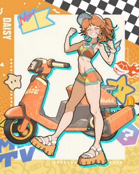 1girl 2025 20s ^_^ bare_arms bare_legs bare_shoulders bracelet brooch brown_hair character_name clenched_hands closed_eyes commentary crop_top daniel_deng dot_nose drop_shadow earrings english_commentary eyelashes flower flower_brooch flower_earrings full_body grin gym_shorts hair_flower hair_ornament halftone happy hat jewelry light_blush luma_(mario) mario_(series) mario_kart mario_kart_world medium_hair navel nintendo official_alternate_costume orange_background orange_sandals orange_shirt orange_shorts platform_sandals ponytail princess_daisy princess_daisy_(swimwear)_(mario_kart_world) ribs sandals shirt short_shorts shorts skinny smile solo standing star_(symbol) tagme two-tone_background two-tone_shirt two-tone_shorts v-shaped_eyebrows visor_cap white_hat yellow_background yellow_flower yellow_shirt yellow_shorts