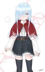 Rule 34 | 1girl, belt, black skirt, black thighhighs, blue eyes, blue hair, blush, brown belt, capelet, center frills, closed mouth, collared shirt, frills, hair over one eye, highres, long hair, looking at viewer, original, pentagon (shape), red capelet, shirt, sidelocks, signature, skirt, sleeves past wrists, solo, star (symbol), suspender skirt, suspenders, thighhighs, white background, white shirt, yukai nao