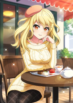 Rule 34 | 1girl, aran sweater, beret, black pantyhose, blonde hair, blurry, blurry background, breasts, cable knit, cafe, chair, closed mouth, collarbone, commentary request, cup, day, dot nose, earrings, food, food request, fruit, hand on own cheek, hand on own face, hat, jewelry, lips, long sleeves, looking at viewer, medium breasts, medium hair, official art, on chair, orange eyes, orange hat, outdoors, pantyhose, project tokyo dolls, reina (project tokyo dolls), round table, second-party source, sitting, smile, solo, sparkle, strawberry, sweater, table, teacup, teapot, tilted headwear, tiramisu, tray, wooden chair, wooden table, yellow sweater