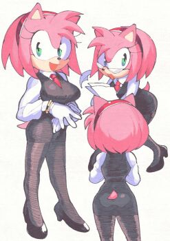 1girl alternate_costume amy_rose animal_ears animal_nose black_shoes black_skirt black_vest bracelet collared_shirt formal_clothes from_behind full_body furry furry_female glasses gloves gold_bracelet hairband hedgehog_girl high_heels highres holding holding_paper inkerton-kun jewelry long_sleeves looking_at_viewer multiple_views necktie office_lady open_mouth own_hands_together pantyhose paper paper_stack pencil_skirt pigeon-toed pink_fur pink_hair red_hairband red_necktie shirt shoes short_hair short_tail simple_background skirt skirt_suit smile sonic_(series) standing suit tail vest white_background white_gloves white_shirt