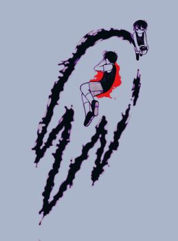 Rule 34 | 2boys, antenna hair, bare arms, black eyes, black hair, black shoes, black socks, black sweater vest, black tank top, blood, blood on ground, blood splatter, brown shorts, collared shirt, colored skin, commentary, death, dual persona, english commentary, full body, grey background, hair behind ear, hair between eyes, highres, implied suicide, kneehighs, lying, multiple boys, no pupils, no shoes, omo taru, omori, omori (omori), on side, paint, paint can, shirt, shoes, short hair, short sleeves, shorts, sleeveless, socks, something (omori), standing, sunny (omori), sweater vest, tank top, walking, white shirt, white skin, white socks