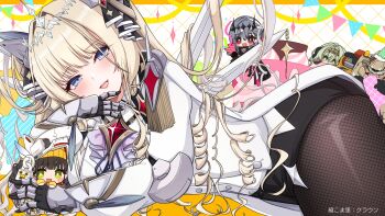 Rule 34 | 1girl, absurdres, arm armor, armor, ass, black shorts, blonde hair, blue eyes, brown pantyhose, character doll, chibi, chiji komari, chime (nikke), commentary request, crown (nikke), doll, drill hair, fishnet pantyhose, fishnets, goddess of victory: nikke, green eyes, green hair, grey hair, highres, kilo (nikke), long hair, lying, modernia (nikke), modernia (second affection) (nikke), open mouth, pantyhose, red eyes, shorts, solo, talos (nikke), teeth, thighs, translation request, upper teeth only, white knight (nikke)