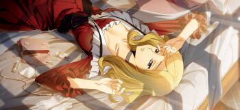 1girl arm_up artist_request bag black_choker blonde_hair blue_eyes bottle breasts choker code_geass code_geass:_lost_stories collarbone cosmetics dress female_focus frilled_dress frills game_cg gloves half-closed_eyes hand_up handbag handkerchief highres kururugi_suzaku lipstick_tube long_sleeves lying medium_breasts medium_hair milly_ashford non-web_source official_art on_back on_bed parted_bangs parted_lips perfume_bottle photo_(object) red_dress sidelocks solo sunset unworn_gloves white_gloves window_shadow