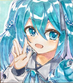 1girl absurdres black_hair blue_eyes commentary_request frilled_shirt_collar frills hamano_yui hand_up hatsune_miku highres idol long_hair long_sleeves looking_at_viewer neck_ribbon open_mouth portrait ribbon shikishi solo traditional_media vocaloid