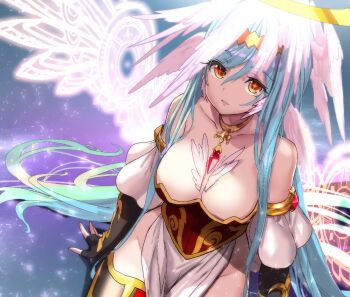 angel angel_wings ars_nova_(p&amp;d) bare_shoulders blue_hair circlet energy_wings feathered_wings feathers gem glowing glowing_wings halo head_wings jewelry key key_necklace knees_together_feet_apart long_hair magic_circle multiple_wings necklace orange_eyes puzzle_&amp;_dragons symbol-shaped_pupils very_long_hair wings