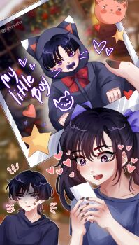 1boy 1girl absurdres alternate_costume anger_vein animal_ear_hood animal_ears annoyed awestruck black_hair black_hood black_nails black_shirt black_sleeves blunt_ends blurry blurry_background blush bow bowtie casual cat_ears cat_face_sticker collarbone commentary contemporary english_commentary english_text fake_animal_ears fangs genshin_impact grey_shirt grey_sleeves hair_bow hands_up heart heart_sticker highres holding holding_photo hood long_hair long_sleeves looking_at_object looking_at_viewer mona_(genshin_impact) normnnna onesie open_mouth pacifier photo_(object) purple_bow purple_eyes red_bow red_bowtie sanpaku scaramouche_(genshin_impact) shirt short_sleeves sidelocks star_(symbol) star_sticker sticker teeth tongue twintails twitter_username upper_teeth_only wide-eyed wispy_bangs