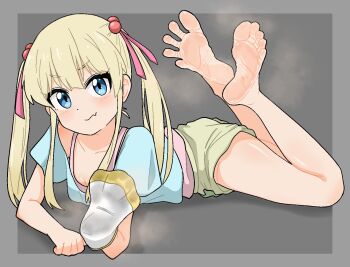 Rule 34 | 1girl, anitore! ex, barefoot, blonde hair, blue eyes, blush, feet, highres, higuchi eri, long hair, looking at viewer, lying, nairo, on stomach, single sock, smile, socks, soles, steam, the pose, toes, twintails, unworn socks