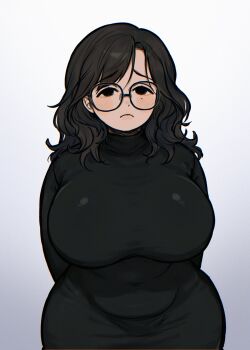 1girl black_eyes black_hair black_sweater blush breasts closed_mouth commentary cowboy_shot curvy english_commentary frown glasses highres huge_breasts long_hair looking_at_viewer mii_(nintendo) mole mole_under_eye nintendo plump solo sweater tada_hajime white_background