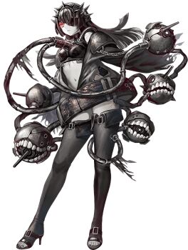 1girl abyssal_ship artist_request black_hair black_shoes black_thighhighs cannon chain colored_skin eyepatch full_body glowing glowing_eyes hair_over_one_eye high_heels kantai_collection mu-class_light_cruiser navel official_art pale_skin red_eyes rigging shoes solo thighhighs toenails toes transparent_background