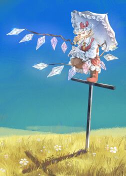 Rule 34 | 1girl, ascot, blonde hair, blue sky, cross, crystal, crystal wings, flandre scarlet, flower, full body, grass, hair over mouth, hashtag-only commentary, hat, hat ribbon, highres, holding, holding umbrella, leggings, looking at viewer, mob cap, one side up, outdoors, parasol, red eyes, red shoes, red skirt, red vest, ribbon, scenery, shadow, shoes, side ponytail, skirt, sky, slit pupils, solo, spoonoishii, squatting, touhou, umbrella, vest, white hat, wings, yellow ascot
