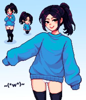 1girl artist_self-insert aseprite_(medium) black_eyes black_hair black_thighhighs blue_background blue_sweater blush cowboy_shot emoticon full_body gradient_background high_ponytail highres kaomoji long_hair looking_at_viewer multiple_views no_pants panties pixel_art ponytail simple_background sleeves_past_fingers sleeves_past_wrists smile sweater thighhighs underwear white_panties yumykon yumykon_(yumykon) yumyverse