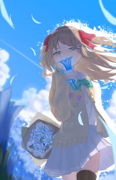 1girl absurdres ahoge aqua_eyes badge blue_flower blue_sky blurry blurry_background blurry_foreground bouquet bow bowtie brown_hair button_badge cardigan chinese_commentary cloud commentary commentary_request contrail cowboy_shot day drop_shadow english_commentary falling_petals field floating_hair flower flower_field flower_to_mouth gentiana_(flower) green_bow green_bowtie grey_sailor_collar grey_skirt hair_bow hair_ornament hair_ribbon hairclip hand_up heart heart_hair_ornament highres holding holding_flower microsoft_windows mixed-language_commentary neuro-sama petals pleated_skirt red_bow red_ribbon ribbon sailor_collar school_uniform serafuku shade skirt sky solo two_side_up vedal_ai virtual_youtuber white_serafuku windows_95 windows_classic woow92929 yellow_cardigan