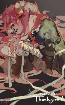 1girl @_@ bags_under_eyes bandaged_arm bandages black_dress closed_mouth commentary_request commission cross dress expressionless grey_background grey_eyes highres holding holding_cross juliet_sleeves long_hair long_sleeves looking_at_viewer lying on_side original pink-haired_nun_(404notfound) pink_hair puffy_sleeves shinjitsu_no_kuchi signature skeb_commission solo upper_body