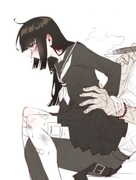1boy 1girl bandaid bandaid_on_leg bead_bracelet beads belt black_hair black_serafuku blush bracelet bruise bruise_on_leg cigar commentary covered_mouth crying crying_with_eyes_open ear_blush flat_chest from_side greyscale hai000_0 hair_over_mouth hand_on_another&#039;s_arm hetero highres implied_sex injury jewelry lei_heng_(project_moon) limbus_company long_hair monochrome neckerchief open_belt partially_colored project_moon red_eyes ryoshu_(project_moon) sailor_collar scar scar_on_arm school_uniform serafuku sex simple_background sitting sitting_on_lap sitting_on_person smoke sweat symbol-only_commentary tears white_background