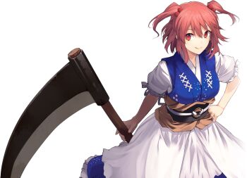 1girl artist_request breasts brown_sash closed_mouth coin coin_on_string game_cg hair_bobbles hair_ornament hand_on_own_hip labyrinth_of_touhou_(series) labyrinth_of_touhou_2 large_breasts looking_at_viewer medium_hair obi obidome official_art onozuka_komachi puffy_short_sleeves puffy_sleeves red_eyes red_hair sash scythe short_sleeves smile solo third-party_source touhou transparent_background two_side_up